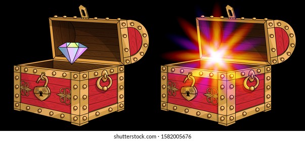 Red medieval ornate decor wooden chests with open lids and open padlock. Sparkling lights, shining glitter scatter. Precious multicolored stone, jewel diamond, win trophy. For game interface. Isolated
