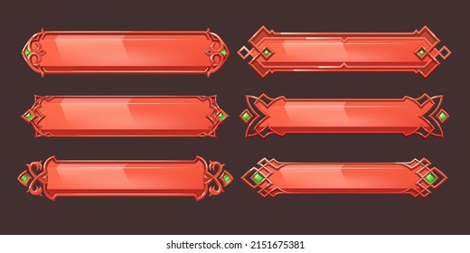Red medieval ui game menu elements, buttons, banners with ornate rims and green gems. Empty royal gui bars for rpg or arcade, decorated borders web design interface Cartoon 3d vector illustration, set