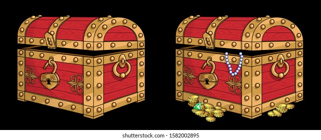 Red medieval wooden chests with metal-bound ornate golden decor. Open padlock, lid of coffer is slightly ajar. From trunk fell treasures on ground: coins, beads, jewels. For game interface. Isolated.