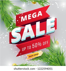 Red Mega Sale Banner Ribbon with Winter Background