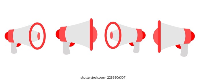 Red megaphon isolated on white background.Audio loudspeaker.Bullhorn.Important news announcement.Attention please.Flat design..Sign, symbol, icon or logo isolated.Cartoon vector illustration