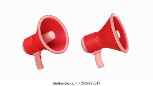 Red megaphone 3d in different angles for announce and promotion campaign. Realistic vector loudspeaker on transparent background. Public communication and attention or marketing promotion concept