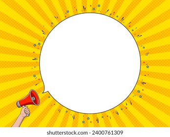 megáfono rojo y una gran burbuja de habla redonda. Ilustración de Pop art Vector 