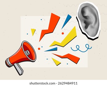 Megáfono rojo y oído - concepto de comunicación. Estilo de collage moderno. Ilustración vectorial