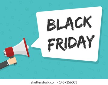 red megaphone in hand with black friday lettering in white dialog speech bubble vector illustration. black friday flat illustration on green background for advertising, promotions, sales, discounts