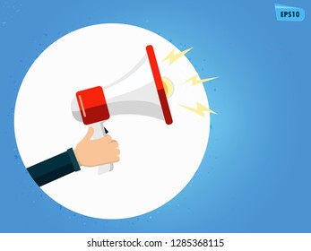 Red megaphone in hand. Blue gradient background.High resolution