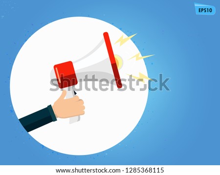 Red megaphone in hand. Blue gradient background.High resolution