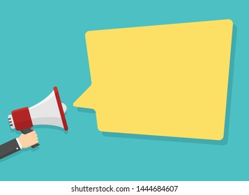 red megaphone in hand with place for text in yellow dialog speech bubble vector illustration. loudspeaker for advertising, promotions, sales, messages. flat illustration on green background