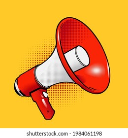 Red Megaphone Icon In Comic Cartoon Style With Halftones. Vector Illustration On Orange Background