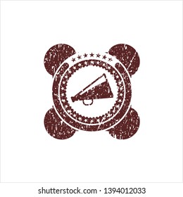 Red megaphone icon inside distress rubber stamp with grunge texture