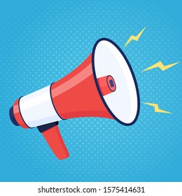 Red megaphone on blue halftone background. Flat style vector colorful illustration. - Shutterstock ID 1575414631