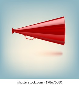Red megaphone on colored background. Bullhorn icon.