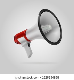 Red Megaphone Speaker Or Megaphone Loudspeaker Isolated On Gray Background. 3d Vector Illustration