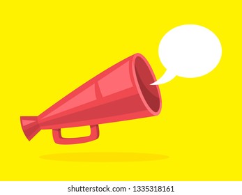 Red megaphone with speech bubble. Announcement and advertisement. Shout through loudspeaker. Vector illustration in cartoon style