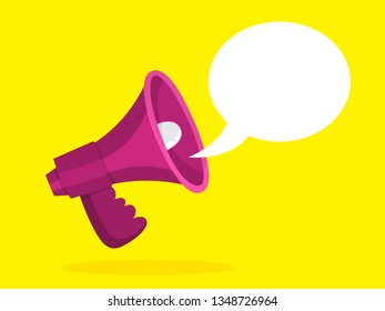 Red megaphone with speech bubble. Announcement and advertisement. Shout through loudspeaker. Vector illustration in cartoon style