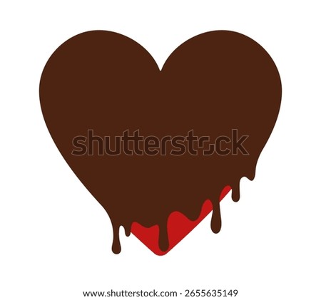 Red melted heart, drizzled with liquid delicious chocolate syrup, topping, drops of icing dripping. Isolated hand drawn flat vector icon for Chocolate Day, Valentine's Day on transparent background