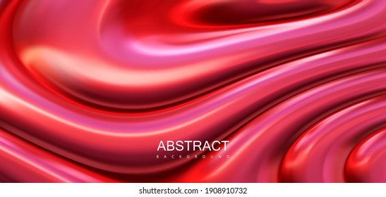 Red melted substance. Wavy texture. Abstract background with ripples. Vector 3d illustration. Fluid glossy leak backdrop. Decoration for banner or cover design.