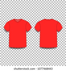 Red men s t-shirt template v-neck front and back side views. Vector of male t-shirt wearing illustration isolated on transparent background.