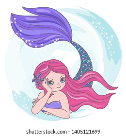 RED MERMAID Cartoon Travel Tropical Vector Illustration Set