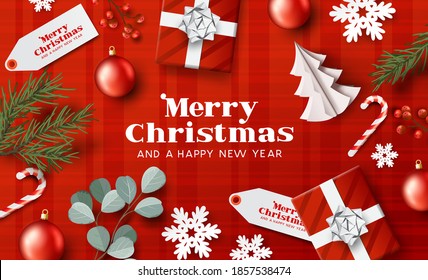 A red merry christmas background layout with xmas decorations. Festive vector illustration