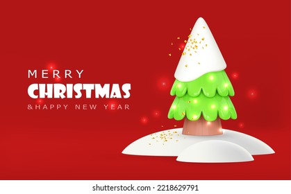 Red Merry Christmas background. Render christmas tree stands in the snow with a snow cap icon. 3d xmas winter holiday decoration. Render New Year banner. 3d vector cartoon illustration