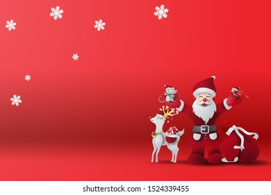 Red Merry Christmas Background with scene place your text.Xmas day and happy new year with winter season landscape by snowflakes.Creative paper cut and craft for Greeting Card.vector illustration. 