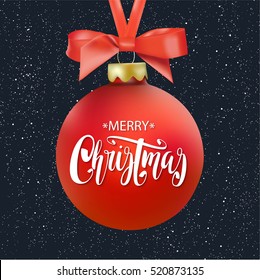 Red Merry Christmas ball with ribbon and a bow, hand drawn lettering. Isolated on black background. Vector illustration.