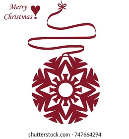 A red Merry Christmas ball with snowball. Vector illustration in flat simple style.