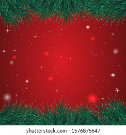 Red Merry Christmas banner frame background design with fir branches, snowflakes. Vector illustration.