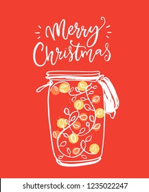 Red Merry Christmas card with illustration of jar with glowing garland decoration. Cute greeting design, brush calligraphy inscription.