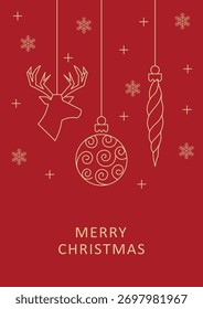 Póster rojo del Vector de la tarjeta de la feliz Navidad, saludo del día de fiesta de los copos de nieve de los ornamentos de la Navidad.
