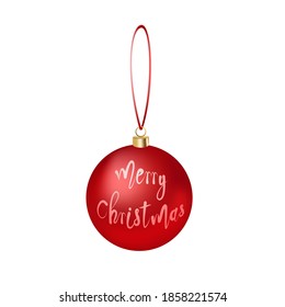 Red Merry Christmas decoration ball, holiday pendant decoration, 3D vector illustration, spherical pendant with English letters