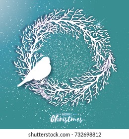 Red Merry Christmas Greetings card. Paper cut snow flake. Happy New Year Decoration. Winter snowflakes background. Seasonal holidays carving. Snowfall. Rectangle frame. .Text. Vector illustration