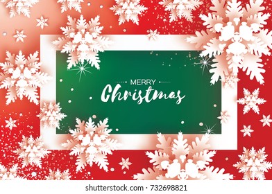Red Merry Christmas Greetings card. Paper cut snow flake. Happy New Year Decoration. Winter snowflakes background. Seasonal holidays carving. Snowfall. Rectangle frame. .Text. Vector illustration