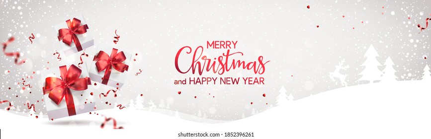 Red Merry Christmas and Happy New Year text on light holiday background with Christmas gift boxes, red ribbons, bows, decoration, sparkles, confetti, bokeh. Xmas card. Realistic Vector Illustration