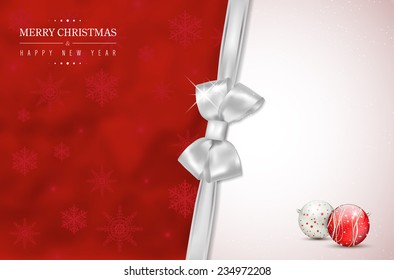 Red Merry Christmas and Happy New Year card with silver bow, snowflakes and shiny christmas balls. Place for your text - vector illustration.