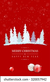 Red Merry Christmas and Happy New Year card with abstract snowy trees, Christmas balls and place for your text - vector illustration