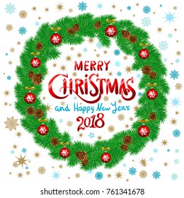 red Merry Christmas And Happy New Year 2018. Christmas Wreath with snowflakes and floral patterns. Vector illustration art