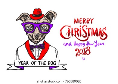 red Merry Christmas And Happy New Year 2018. vector illustration. christmas dog as santa art
