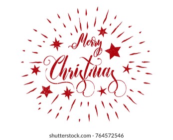 Red Merry Christmas inscription decorated with stars and rays. Vector illustration.