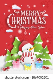 Red Merry Christmas invitation card with snowman gift box and tree background. Xmas Holiday and Happy new year concept. A4 size digital craft. Vector illustration