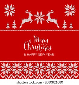 Red Merry christmas sweater knitted card layout template with white deers, trees and snow flakes. Ugly sweater christmas card flyer template 