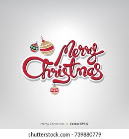 Red Merry Christmas text with ornament balls on light gray background