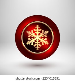 Red Merry Christmas, XMAS abstract premium bubble badge, luxury button with metal snowflake, gold ring, realistic shadow and light background for design concepts, web, print. Vector illustration.