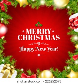 Red Merry Xmas Card With Fir Tree With Gradient Mesh, Vector Illustration