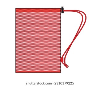 Red Mesh Drawstring Bag Template On White Background, Vector File.