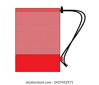 Red Mesh Drawstring Bag Template On White Background, Vector File.