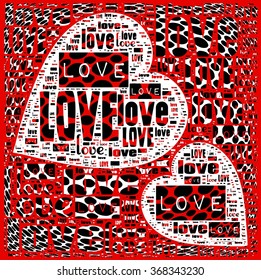 red mesh texture background with hearts illustration and love words together vector print pattern. for fashion and graphic design. special valentines day gift print offer. t shirt print, poster.