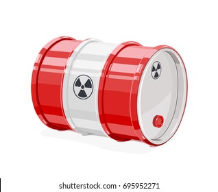 Red metal barrel for toxic and radioactive waste. Equipment transportation poisonous liquid. Isolated white background. Vector illustration.