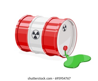 Red metal barrel for toxic and radioactive waste. Equipment transportation poisonous liquid. Isolated white background. Vector illustration.